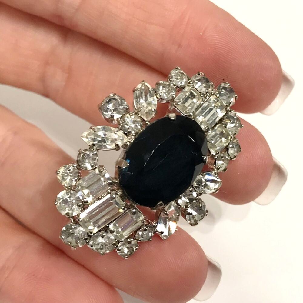 1950s Western Germany Black Crystal Rhinestones Tiered Brooch Vintage Signed